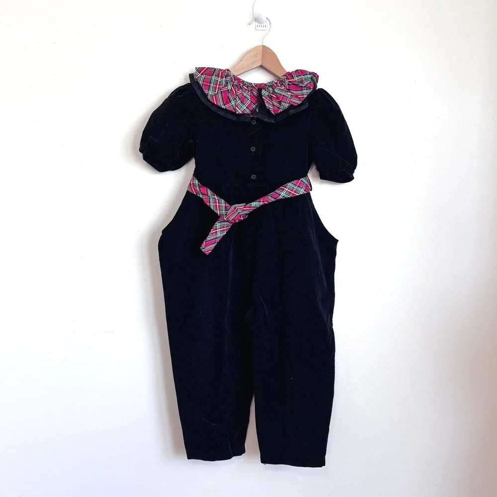Vintage Girls Velvet Romper Jumper 5 Black Plaid Ruffle Holiday Christmas USA